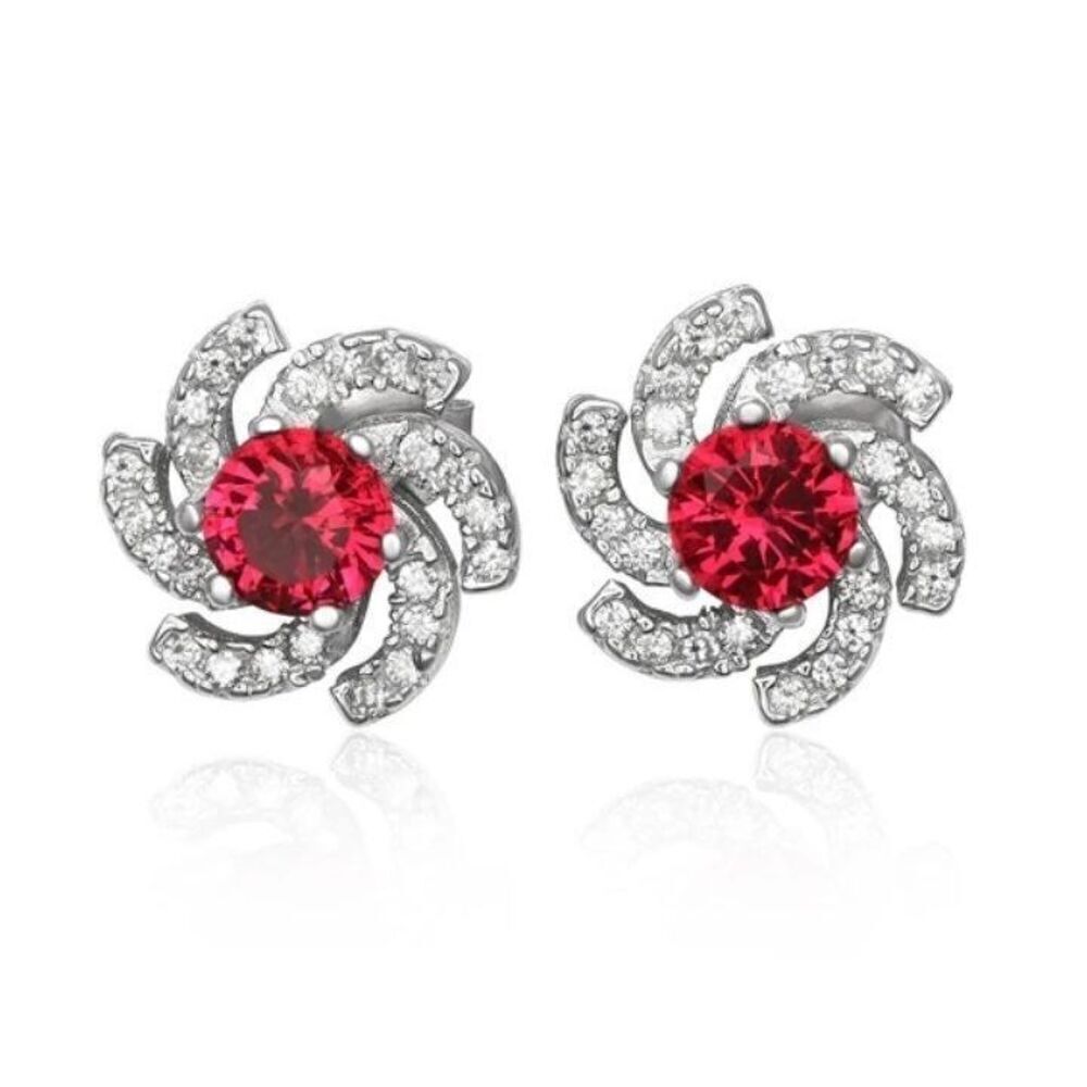 New~Ruby/White Topaz Pinwheel Earrings~925 Sterling Silver